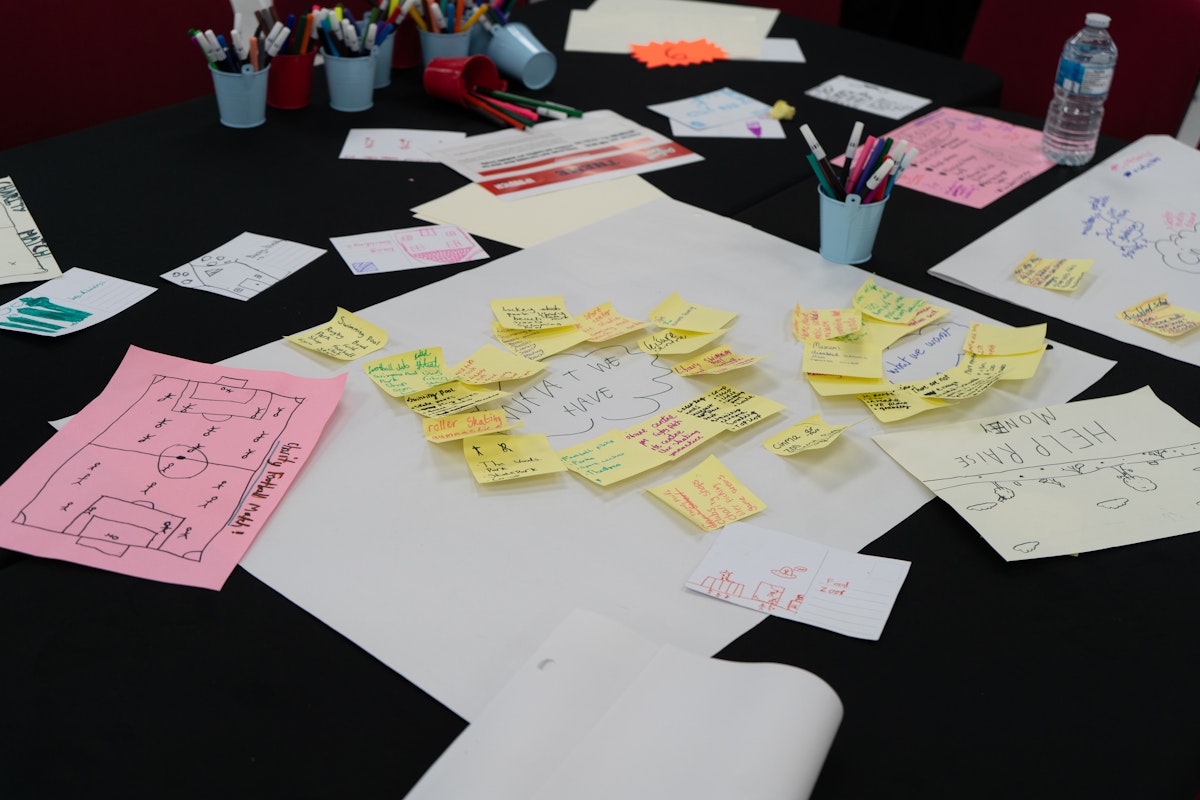 A table covered in colourful post-it notes, drawings and diagrams created by students during their group work